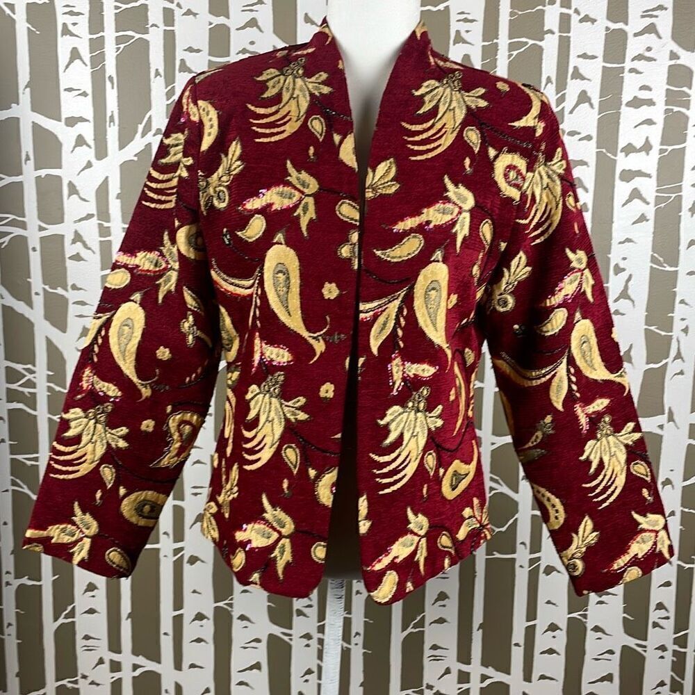 Bob Mackie Vintage Paisley Floral Tapestry Collarless Embellished Blazer